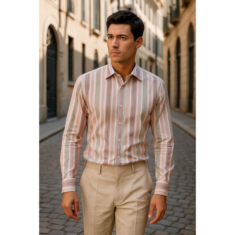 Etro Milano Men’s Dress Shirt 44 Made in Italy Pink Striped Button Up